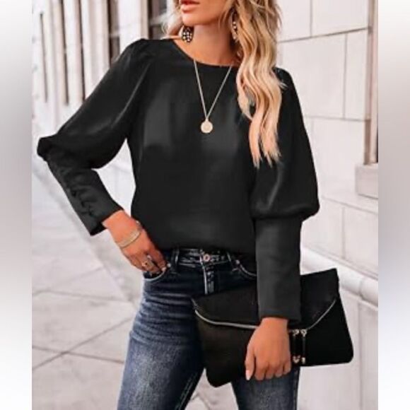 CHIGANT SZ Large Black Satin Blouse Puff French Cuff Sleeves Modest Elegant Chic - Picture 2 of 11
